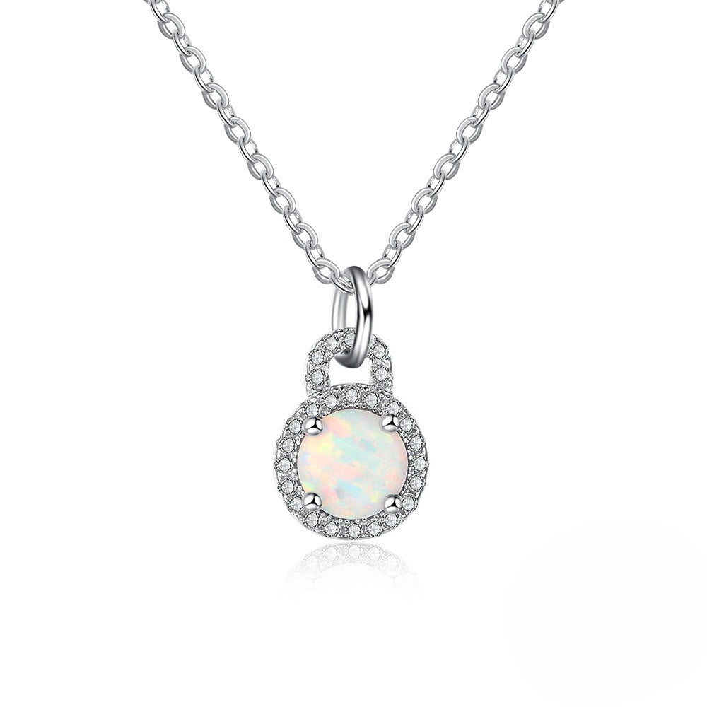 Planderful Jewelry Sterling Silver Opal Necklace With Zircon Halo For Women Elegant Gift