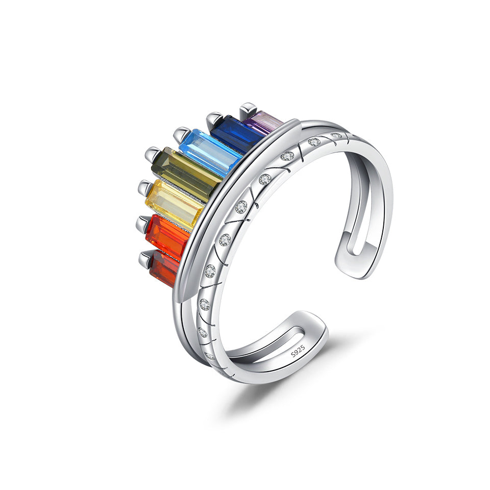 Adjustable Sterling Silver Rainbow Crown Ring for Women with Zircon Gemstone