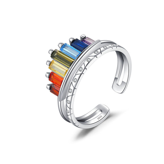 Adjustable Sterling Silver Rainbow Crown Ring for Women with Zircon Gemstone