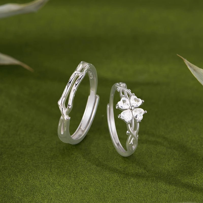 New 925 Sterling Silver Love Heart Four-Leaf Clover Ring