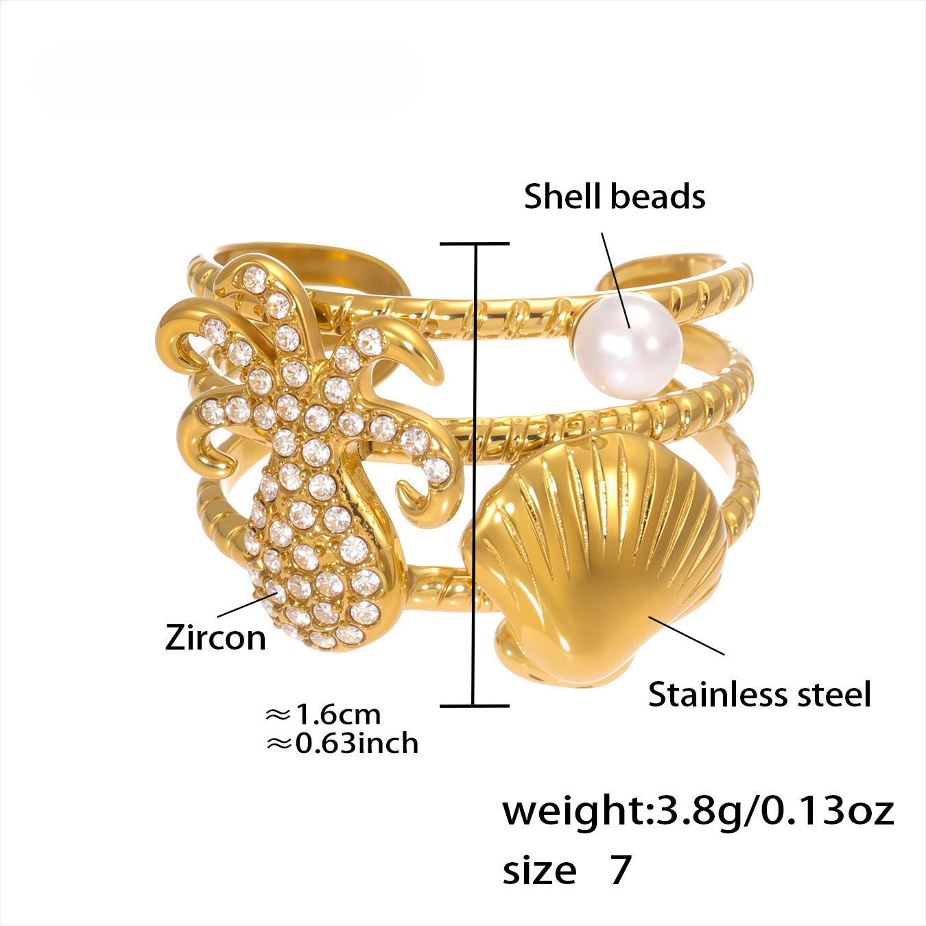 Planderful Ocean Zircon Shell Ring 18K Gold Plated Lovers
