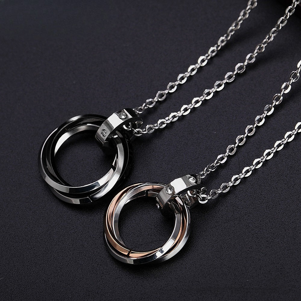 Planderful Three Ring Titanium Steel Couple Necklace Unisex Pendant Protection Statement