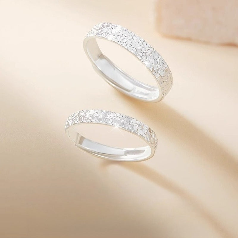 Planderful Sterling Silver Crushed Ice Couple Ring Unisex Adjustable Band For Lovers Festival Gift