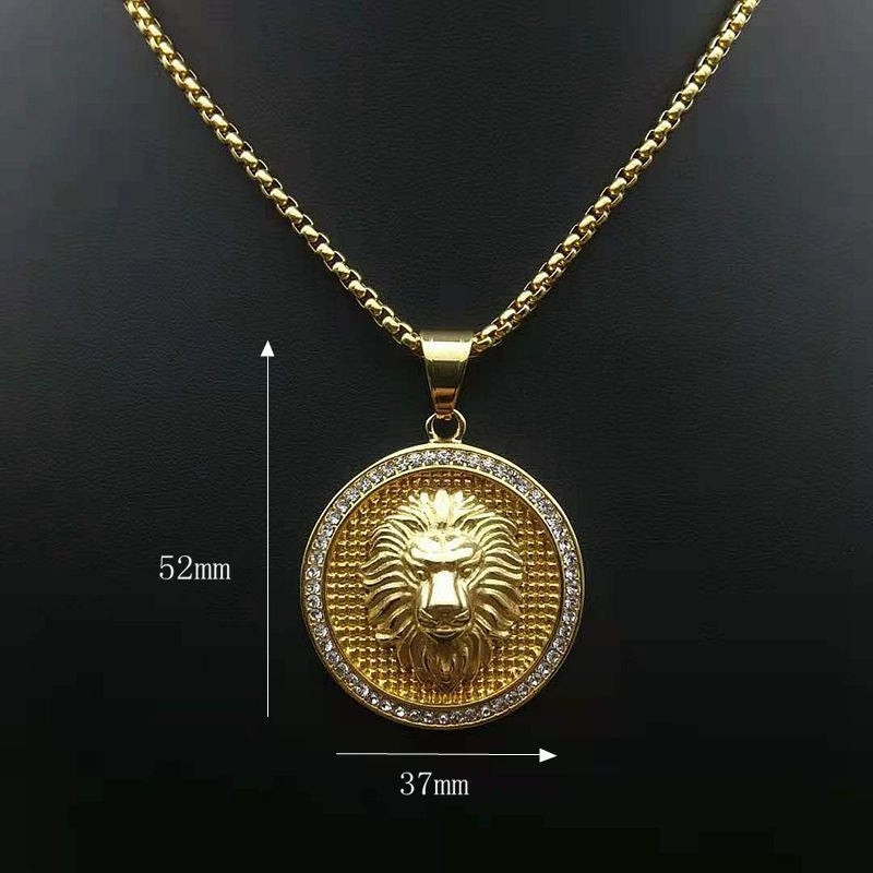 Rhinestone Necklace - Luxury Lion Head Pendant, Gold Plated Steel, Hip Hop Style