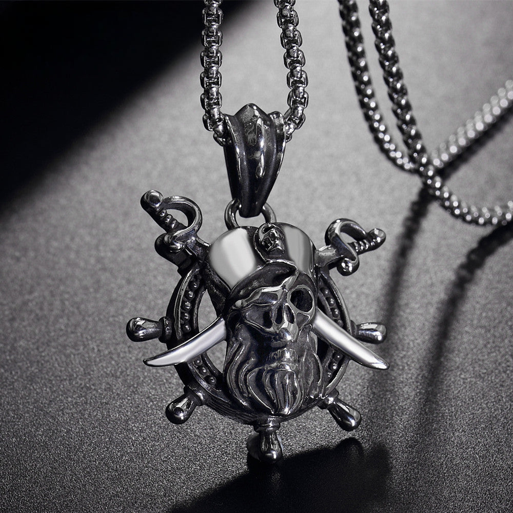 Halloween Pirate Skull Rudder Titanium Steel Necklace for Men