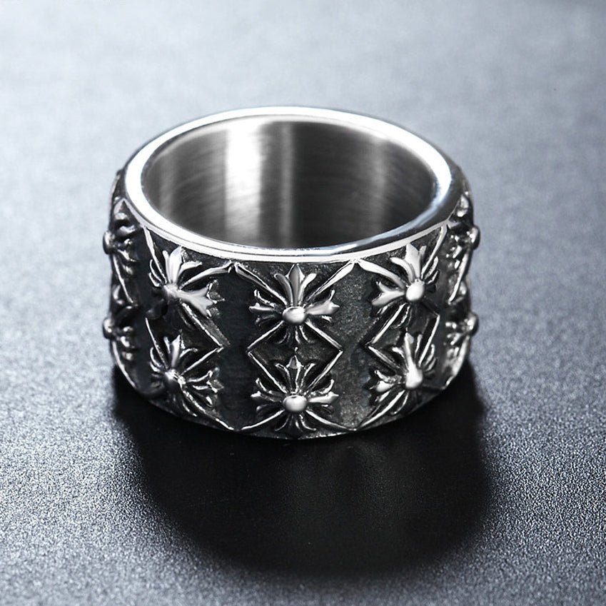Double Row Cross Flower Wide Titanium Steel Ring for Men