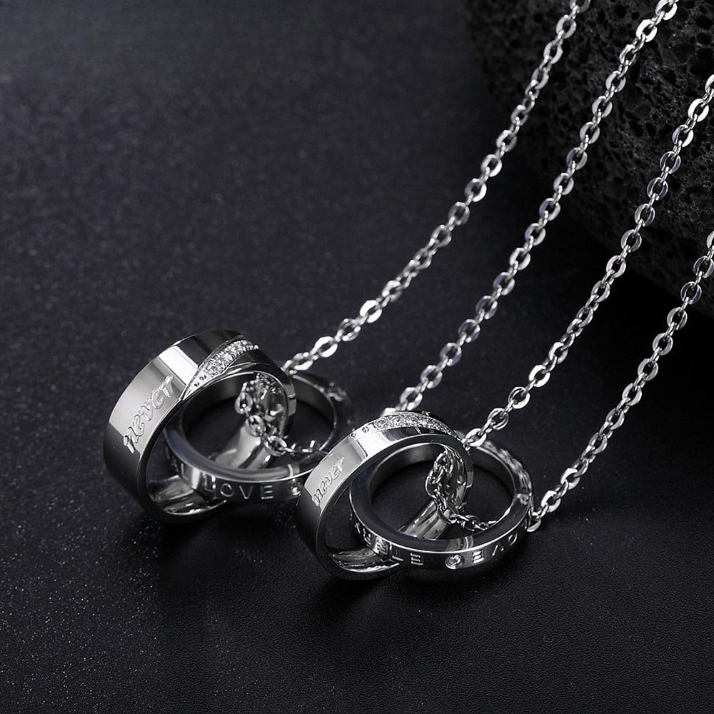 Planderful Titanium Steel Couple Necklace With Inlaid Zircon Double Ring Pendant Unisex Protection Jewelry