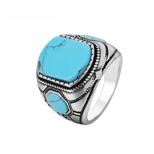 Planderful Turquoise Titanium Ring Unisex Retro Style Protection Statement Jewelry