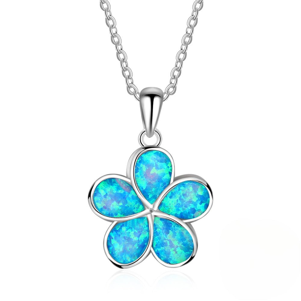 Planderful Jewelry Blue Opal Necklace With Flower Pendant In Sterling Silver S925
