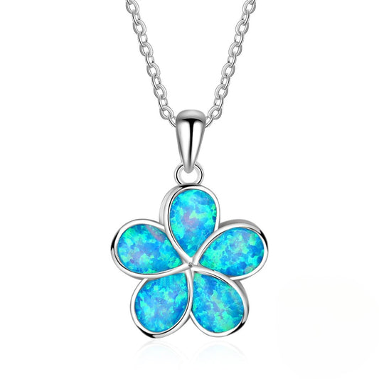 Planderful Jewelry Blue Opal Necklace With Flower Pendant In Sterling Silver S925