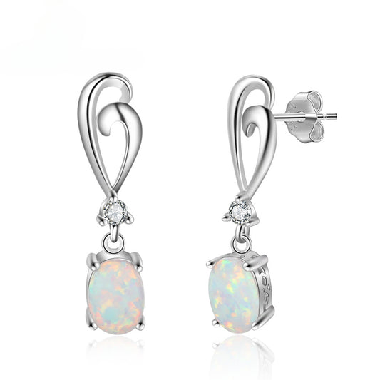 Oval Opal Pendant with Small Zircon Sterling Silver Drop Earrings