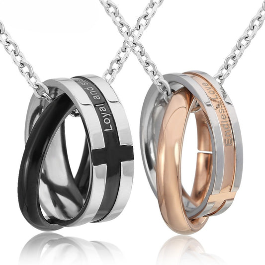 Planderful Cross Ring Necklace For Couples Unisex Titanium Steel Pendant With Protection Statement