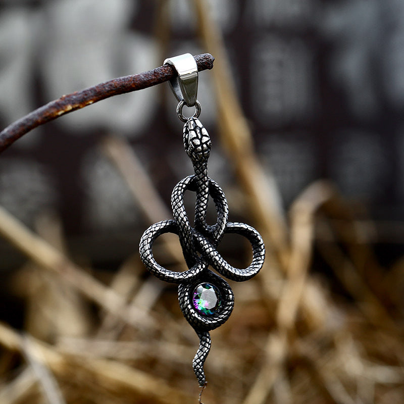 Titanium Steel Snake Pendant with Stone Inlay - Retro European and American Jewelry for Men