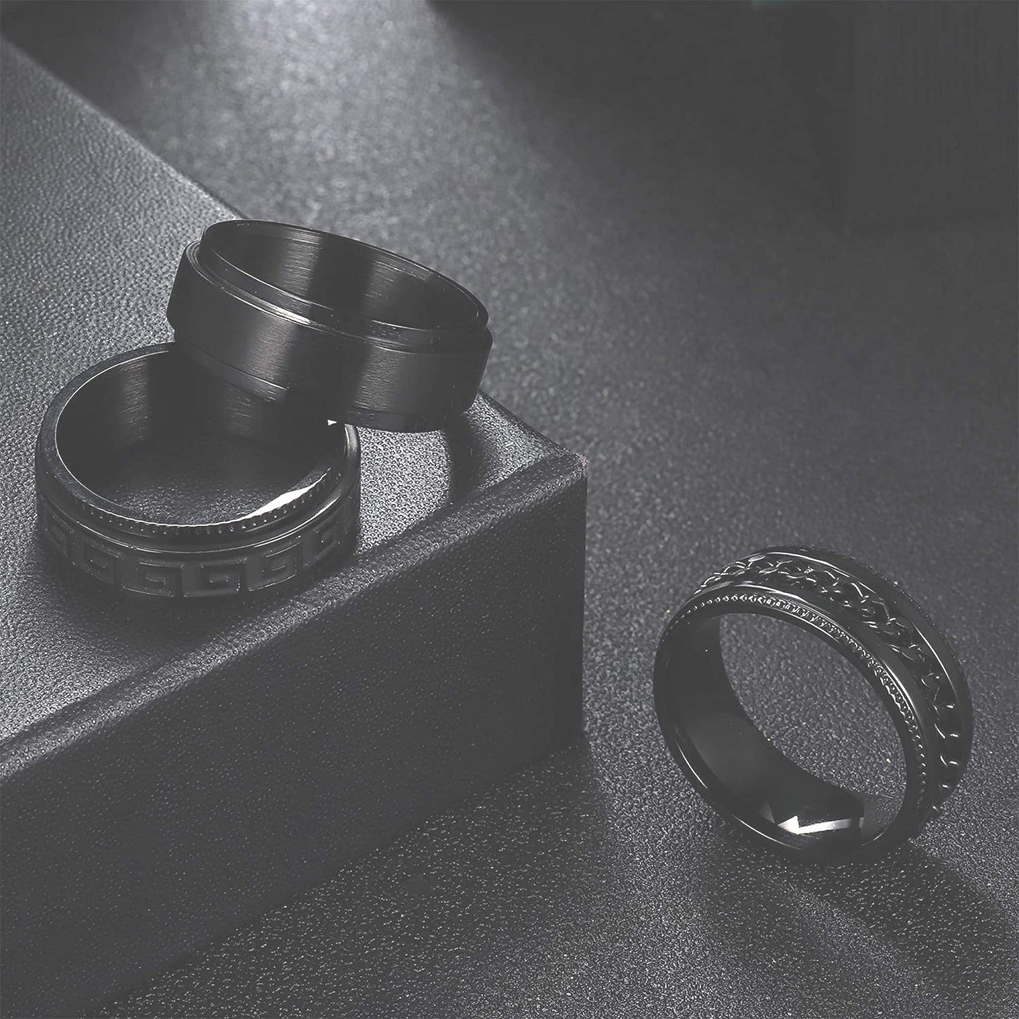 Rotating Pressure Reducing Men's Titanium Steel Ring Set, Black Electroplated - Size 6-13