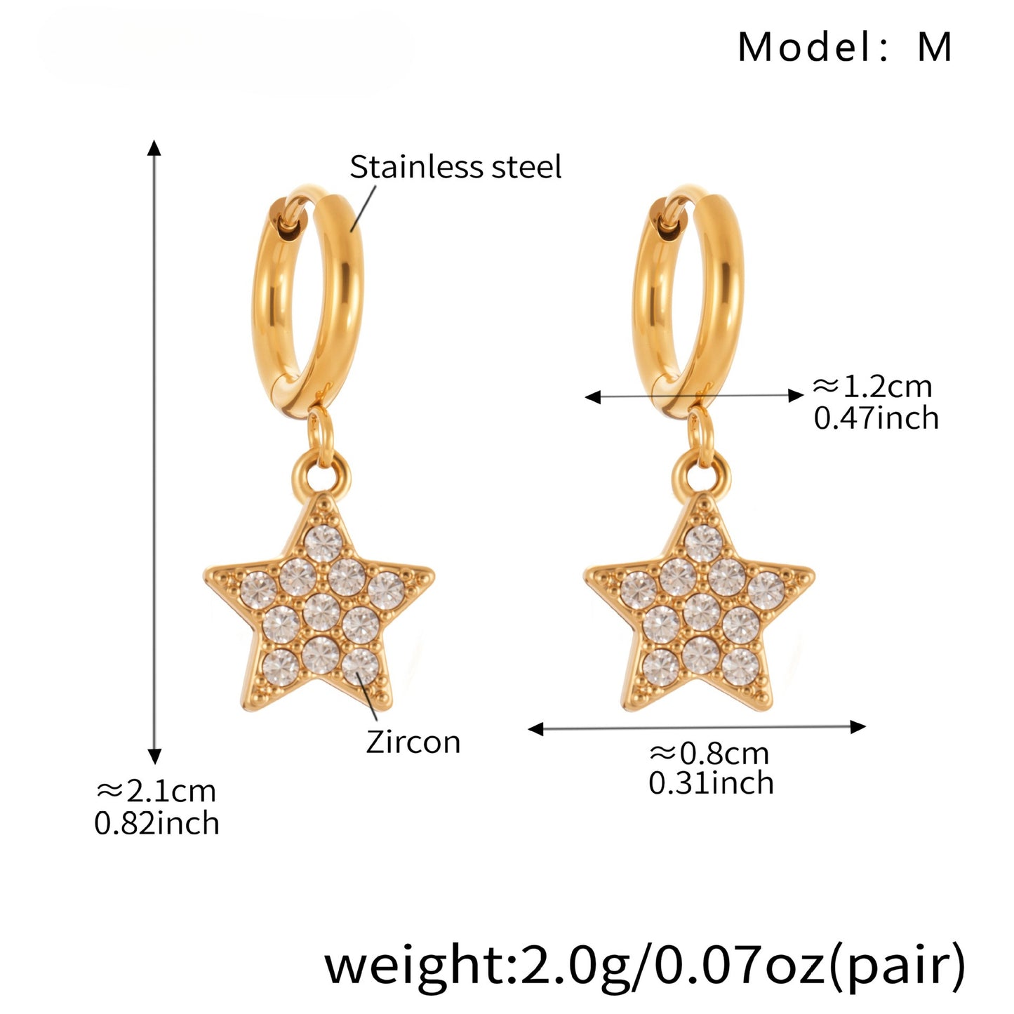 Planderful Zirconium Pentagram Earrings 18K Goldplated Bold