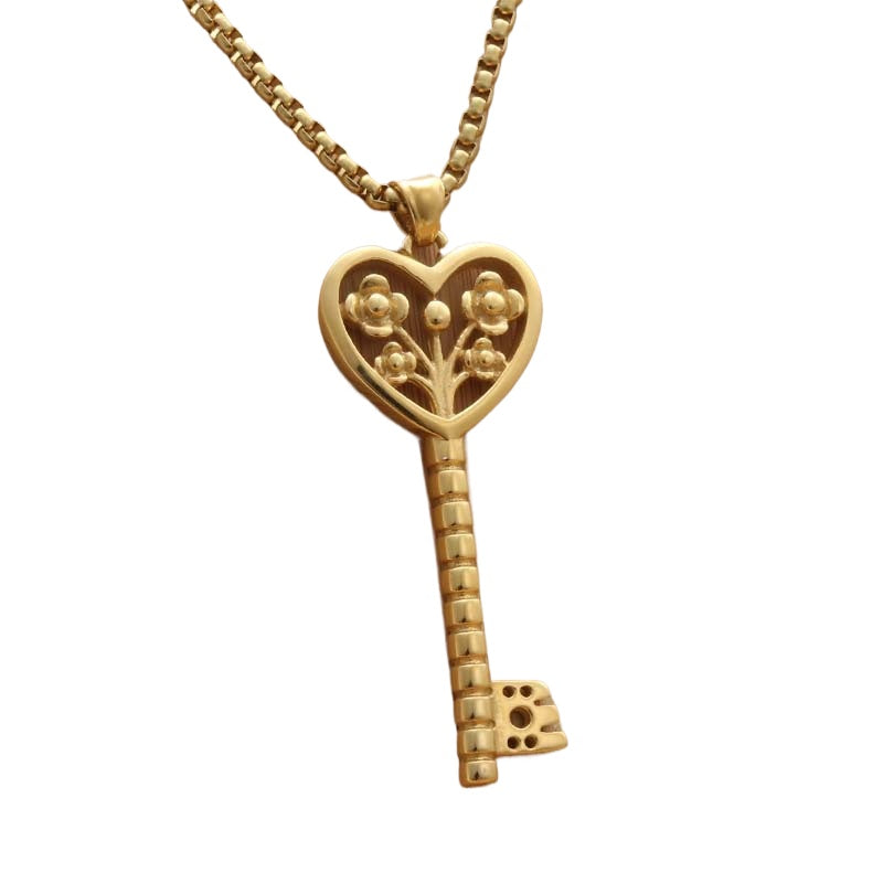 Personalized Retro Punk Flower Key Pendant Necklace in Titanium Steel for Women