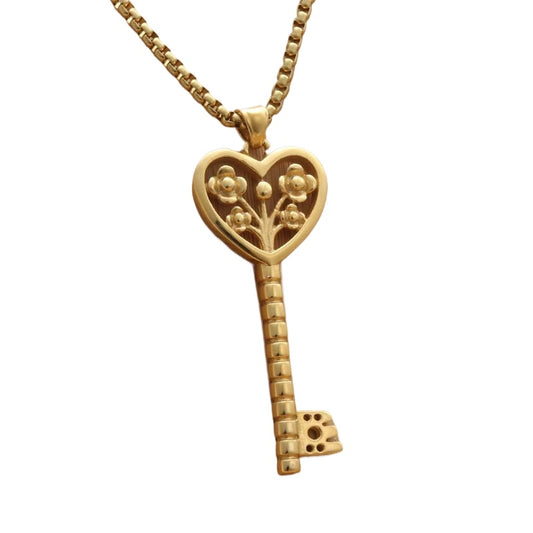 Personalized Retro Punk Flower Key Pendant Necklace in Titanium Steel for Women