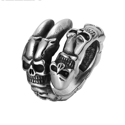 Halloween Double Horned Skull Titanium Steel Ring for Men