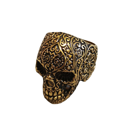 Mexican Style Carved Skull Head Titanium Steel Ring for Men
