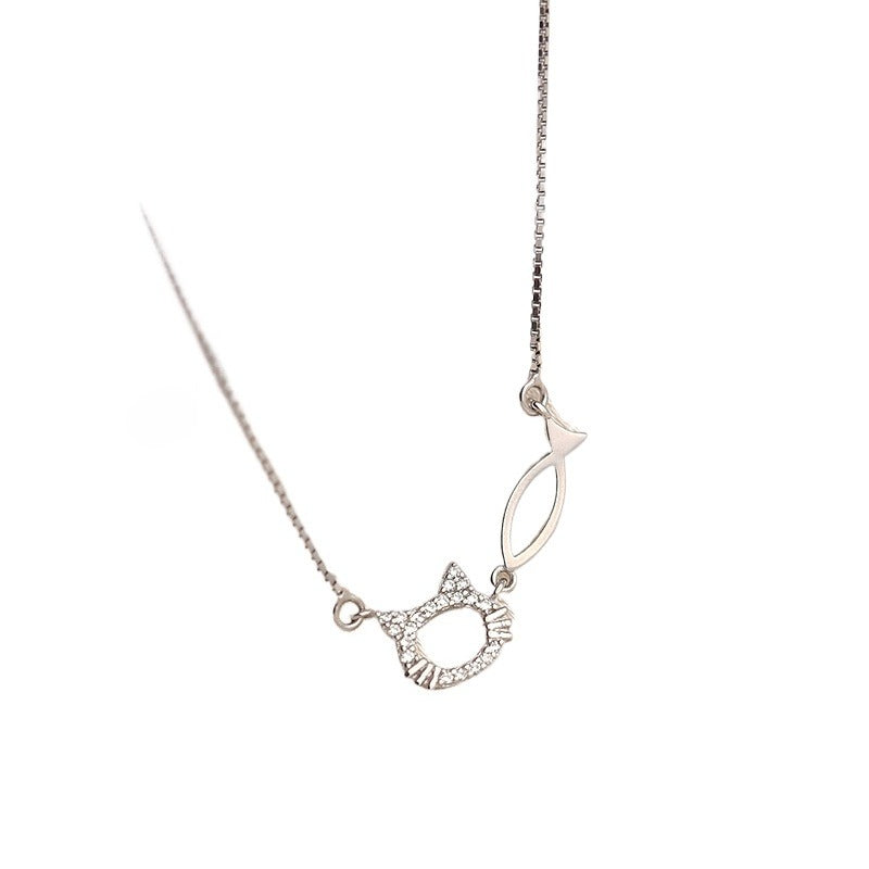 Planderful Sterling Silver Cat and Fish Necklace for Women Elegant Light Luxury Jewelry