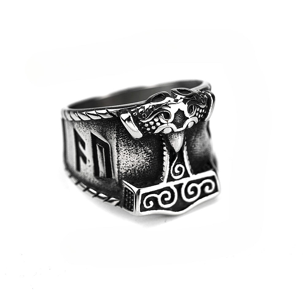 European And American Jewelry Titanium Steel Ring Nordic Viking Thor Hammer For Men