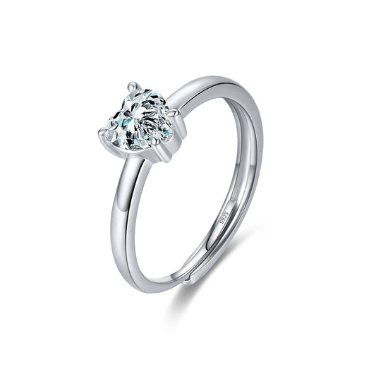 Sterling Silver Heart-shaped Zirconia Ring for Women with Adjustable Opening