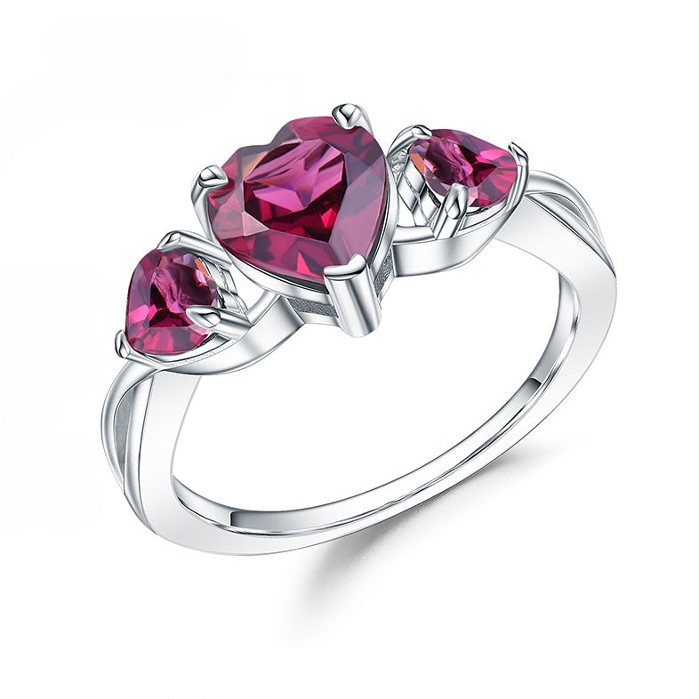 Three Heart Shape Natural Gemstones Silver Ring
