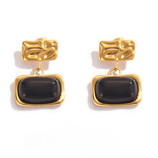 Elegant Black Glass Inlaid Gold-Plated Titanium Steel Earrings