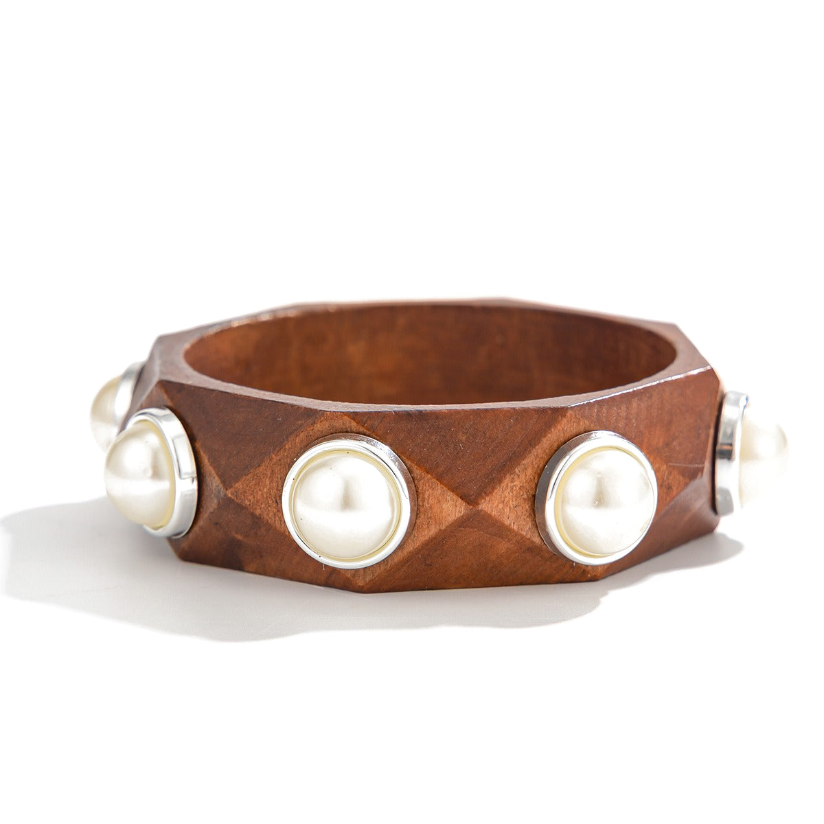 Planderful Vienna Verve Handcrafted Wooden Bracelet With Imitation Pearl Inlay Statement For Women