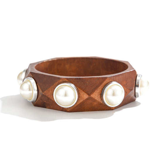 Planderful Vienna Verve Handcrafted Wooden Bracelet With Imitation Pearl Inlay Statement For Women