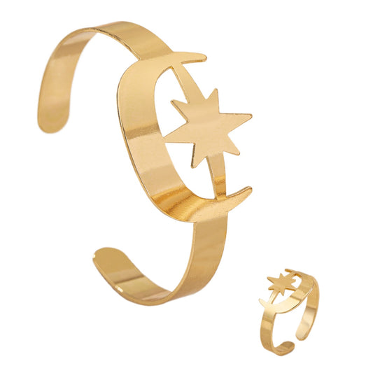 Fashionable Personalized Star Moon Bracelet Ring Set for Women