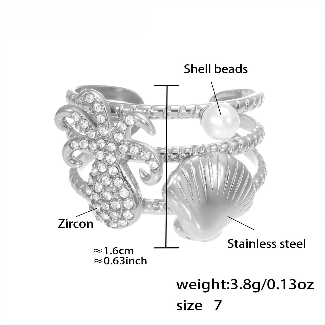 Planderful Ocean Zircon Shell Ring 18K Gold Plated Lovers