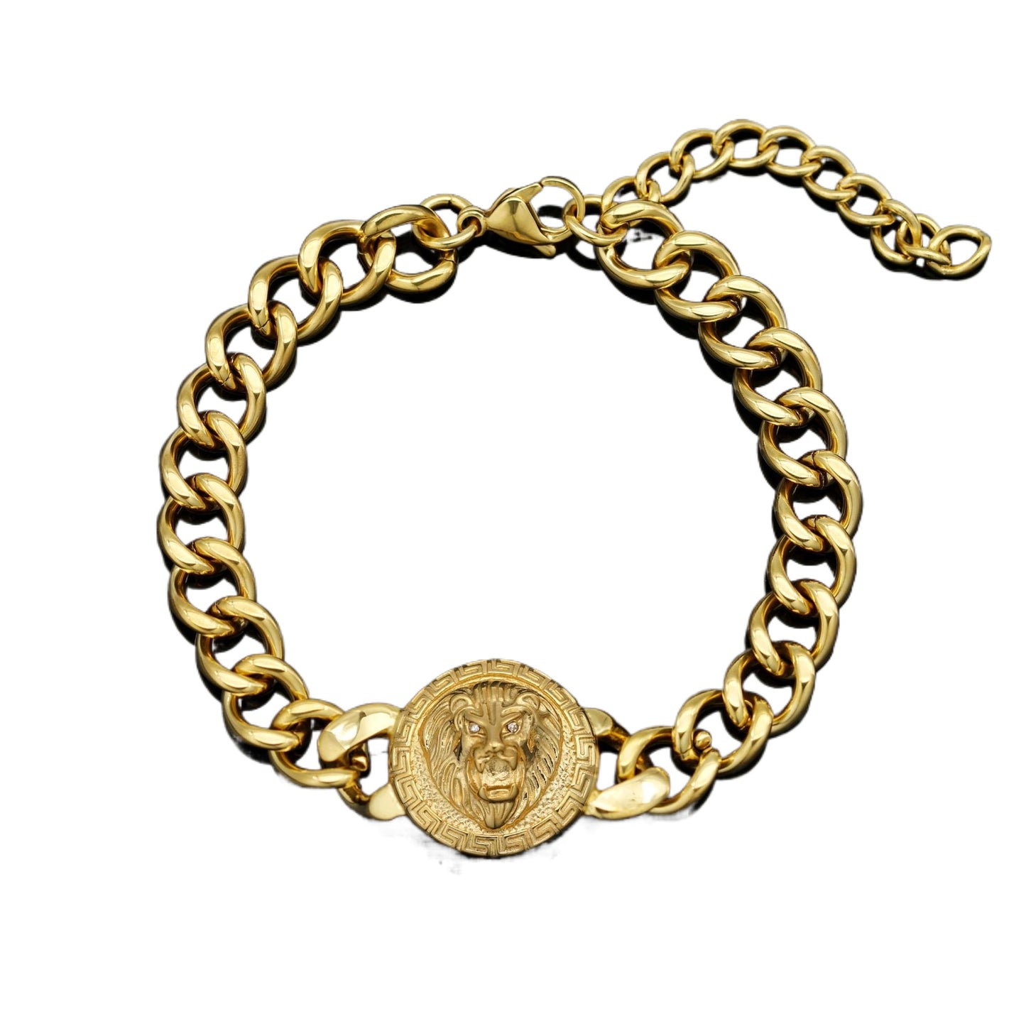 Planderful Stainless Steel Great Wall Pattern Lion Head Disc Cuban Chain Bracelet Unisex Protection Statement