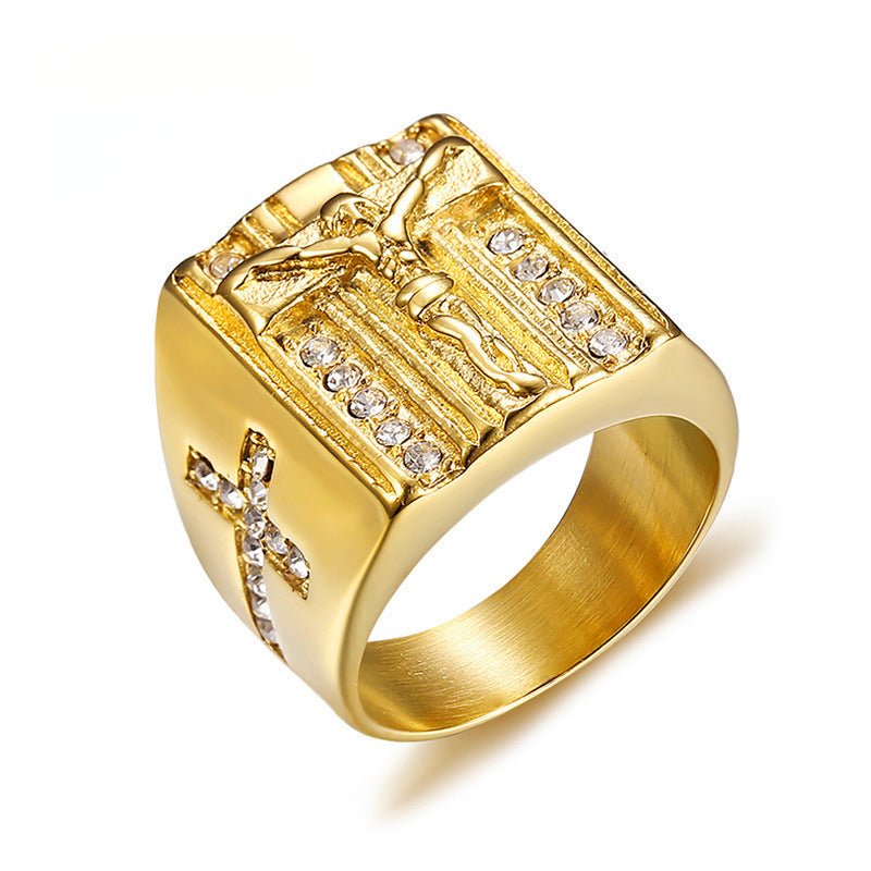 Men Rings Ring Titanium Steel Rhinestone Cross Gold Ring