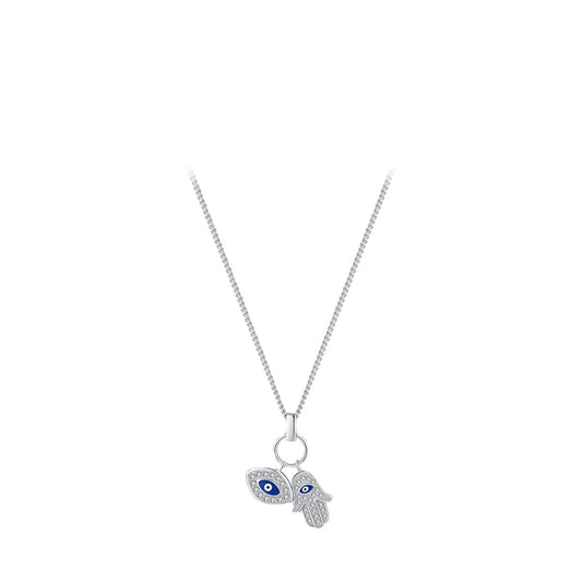 Sterling Silver Enamel Devil Eye Necklace with Fatima Hand Pendant