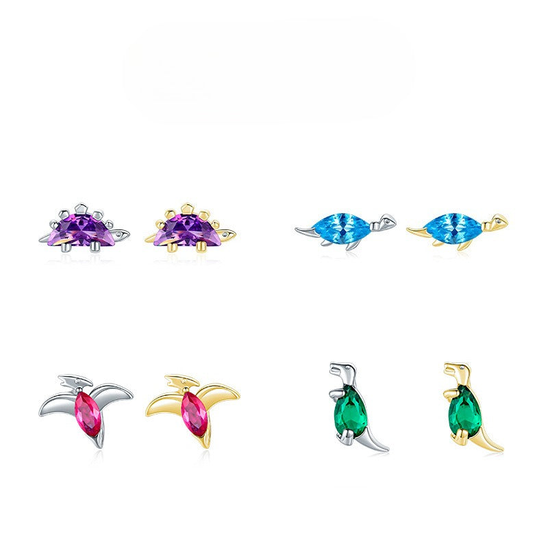 925 Sterling Silver Multicolor Dinosaur Stud Earrings