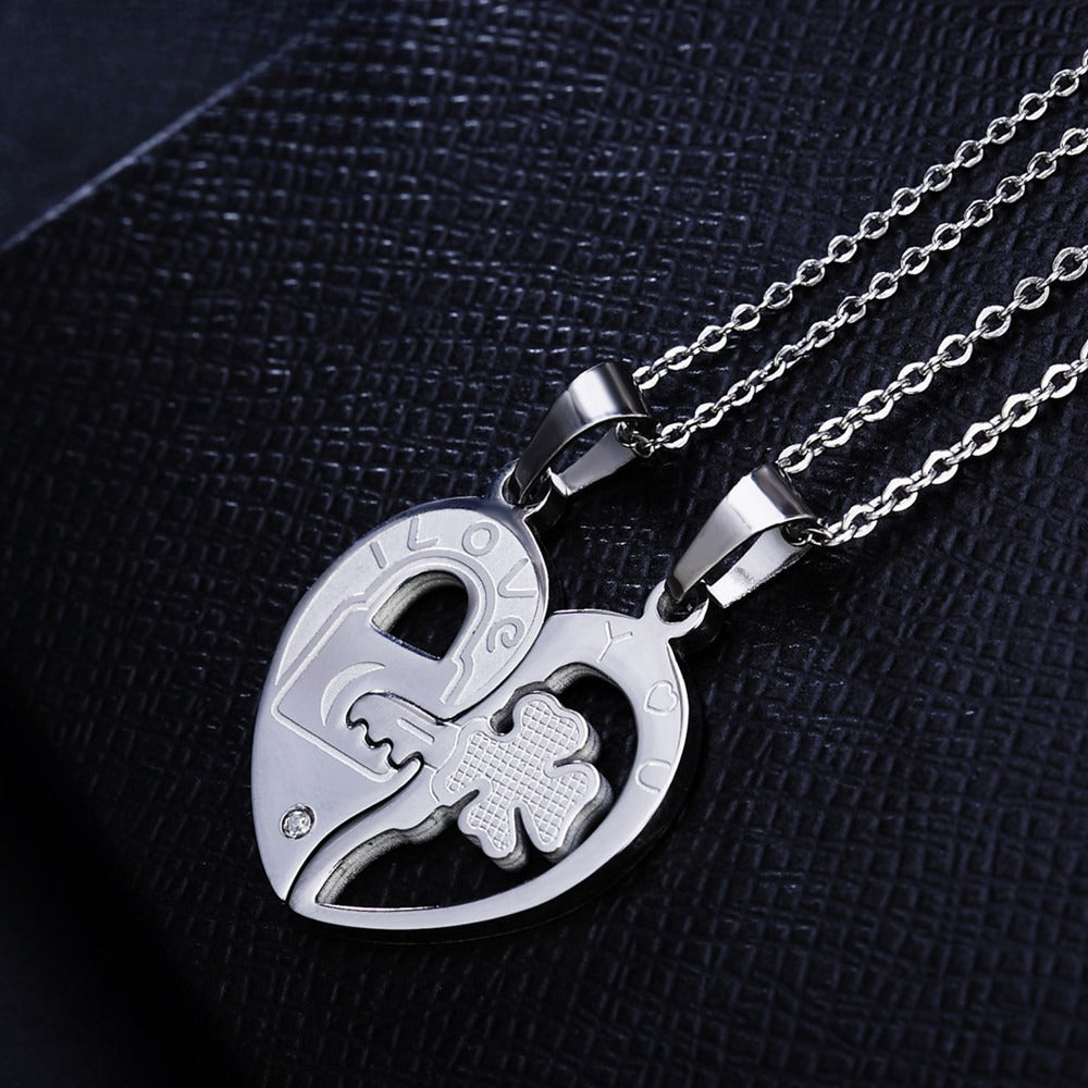 Four-Leaf Clover Necklace Key Heart Couple Premium Titanium Steel Unisex Pendant Planderful For Lovers