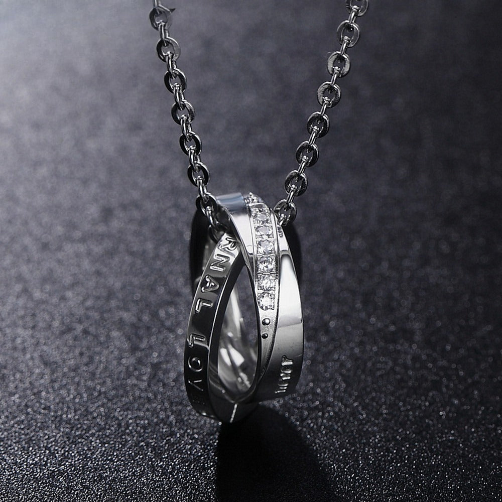 Planderful Titanium Steel Couple Necklace With Inlaid Zircon Double Ring Pendant Unisex Protection Jewelry