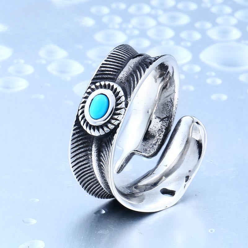 Takahashi Goro Men's Retro Titanium Steel Open Ring with Turquoise Accent
