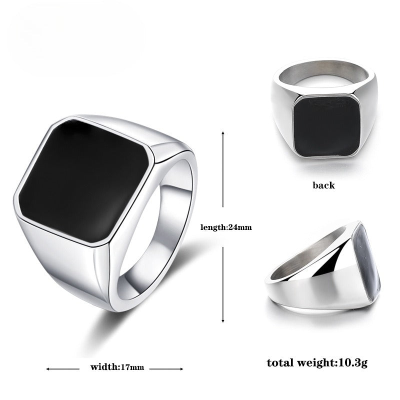 Stainless Steel Ring – Minimalist Black Epoxy Inlay Square Mens Ring For Everyday Wear
