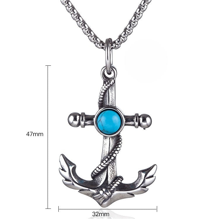 Planderful Turquoise Anchor Necklace Titanium Steel Pendant For Men Unisex Protection Charm