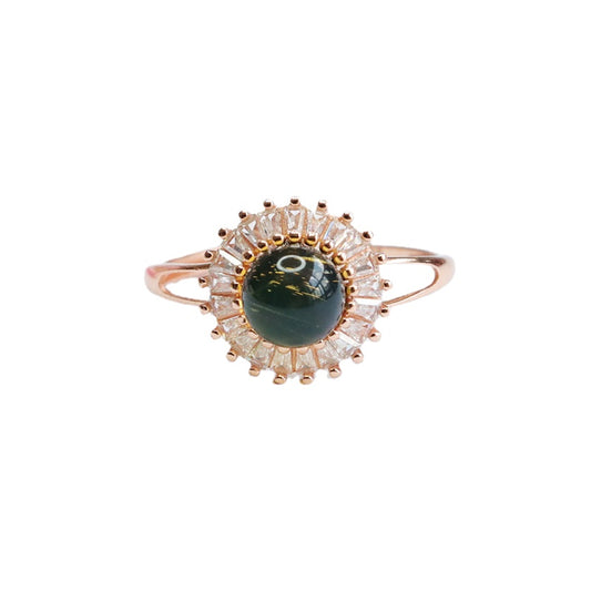 Blue Amber and Zircon Sterling Silver Ring with Adjustable Opening