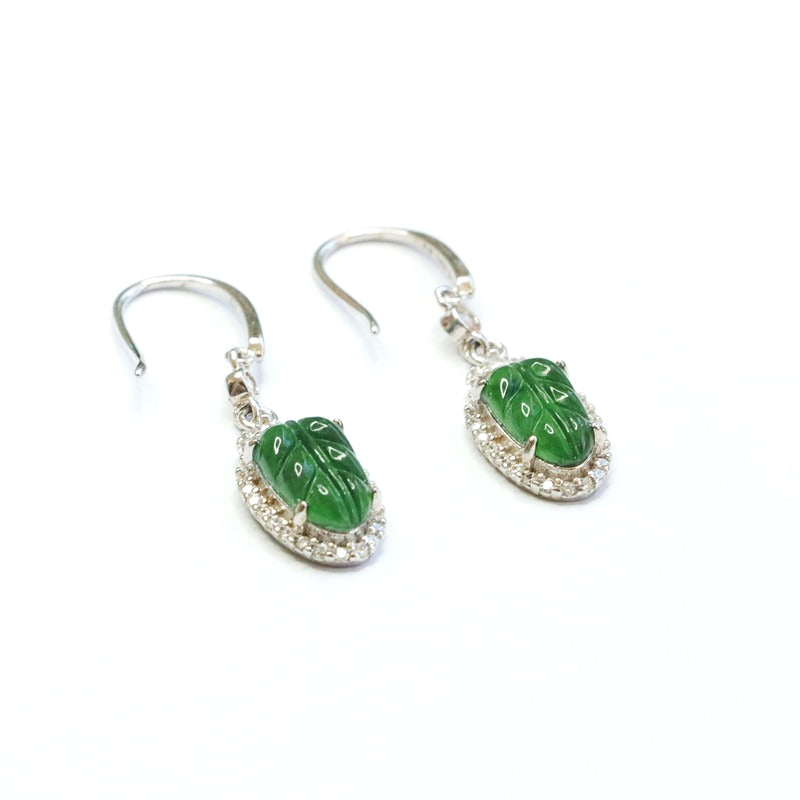 Icy Green Jadeite Leaf Halo 925 Silver Hook Earrings