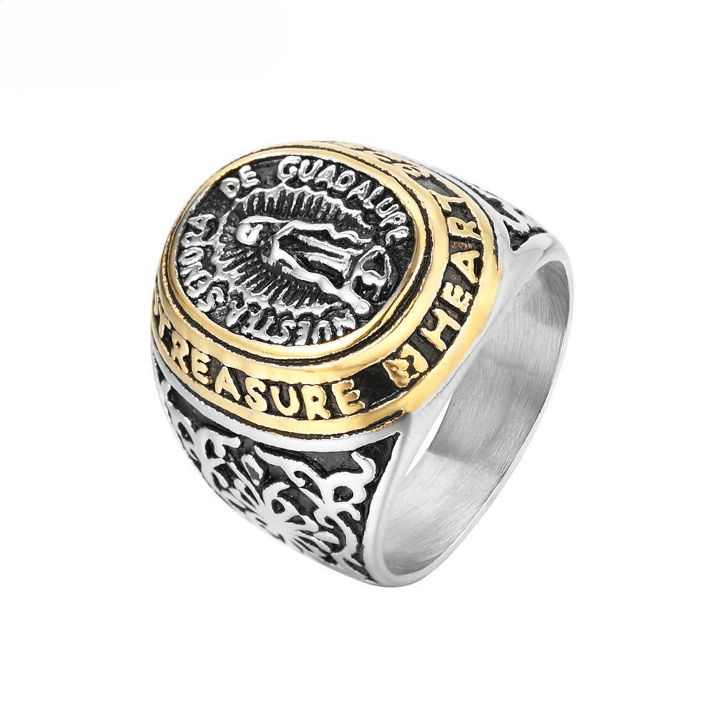 Planderful Virgin Vintage Titanium Steel Ring Unisex Protection Jewelry for Faithful Everyday Wear