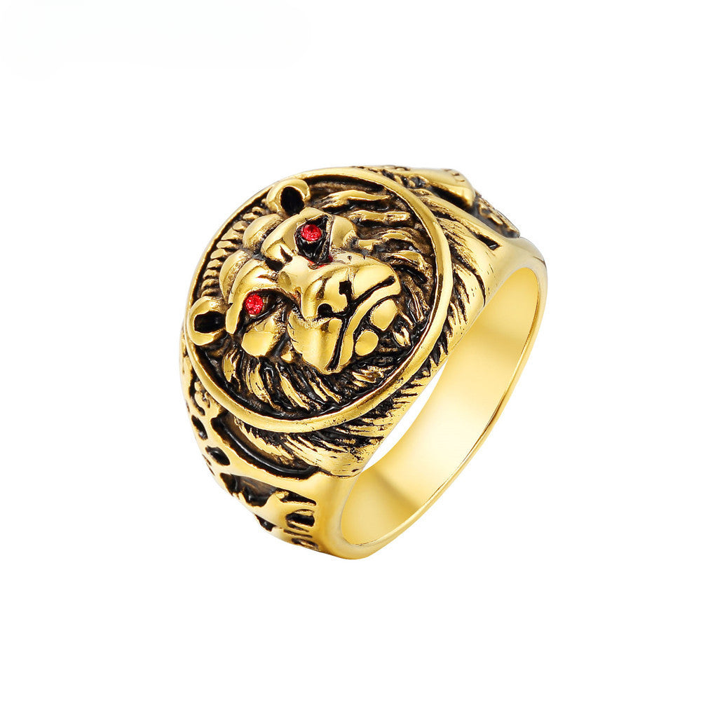 Red Eye Zircon Lion Head Relief Round Shape Titanium Steel Ring for Men