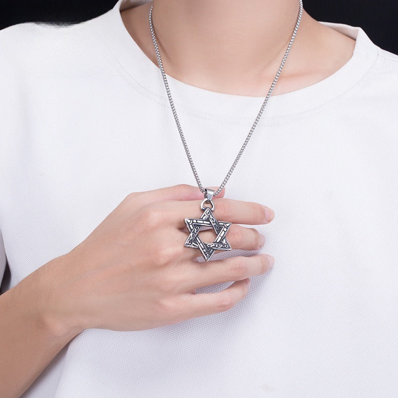 Steel Necklace - Vintage Men's Hexagram Pendant