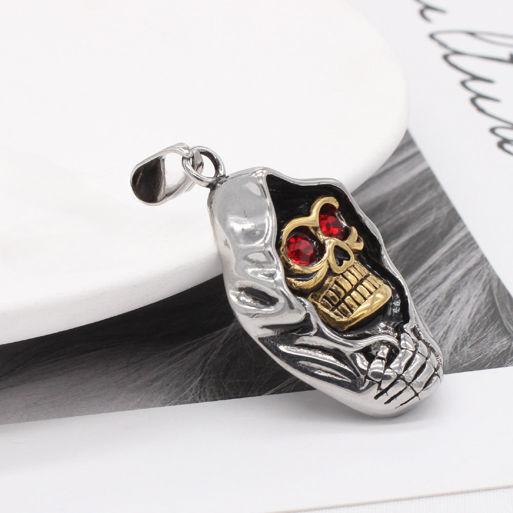 Halloween Red Zircon Golden Skull Wizard Titanium Steel Pendant for Men