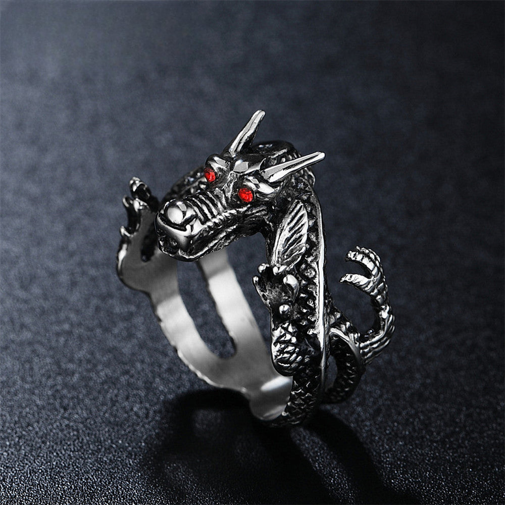 Red Eye Zircon Coiled Dragon Titanium Steel Ring for Men