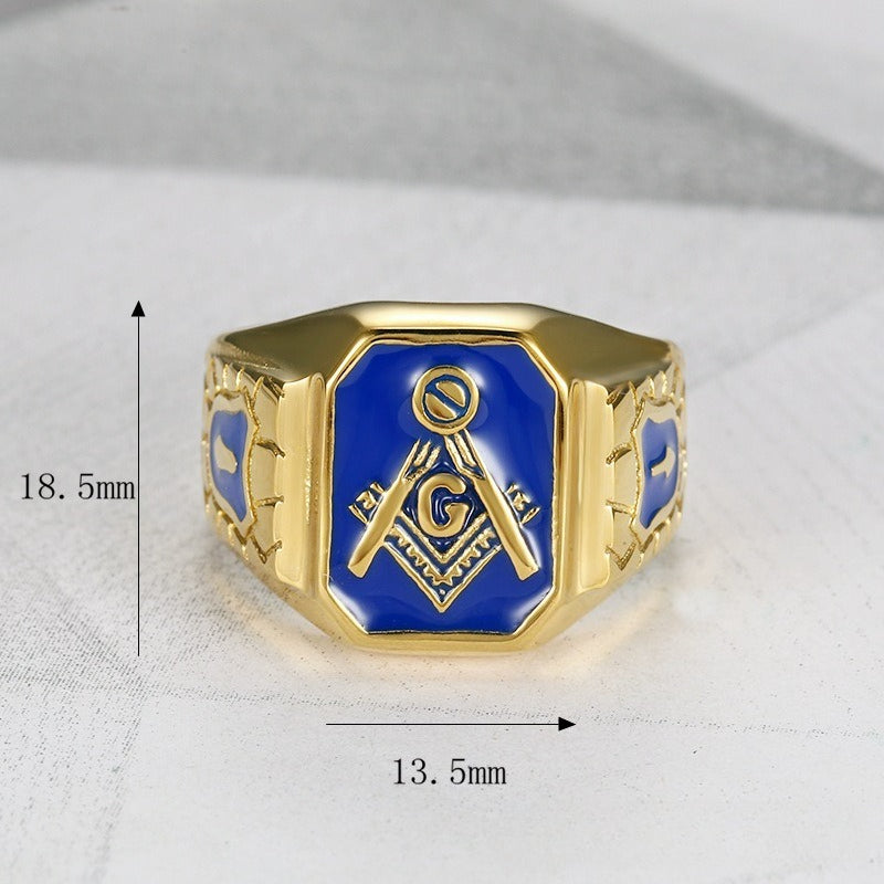 Planderful Hip Hop Ring For Men Durable Titanium Steel Gold Plated Blue Glue Freemason AG Everyday Genie