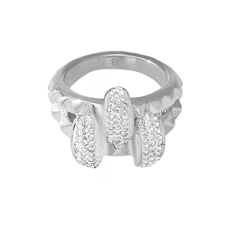 Golden Titanium Steel Double Ring with Geometric Zircon Detail